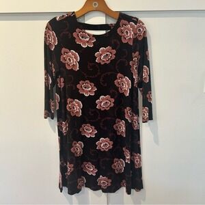 Loft Women's Black Dress‎ Pink Flowers Swing 3/4 Sleeve Casual Small Petite